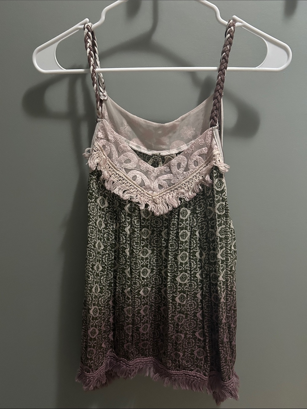 BKE Boho Fringe Olive Green and Mauve Printed Tank Top